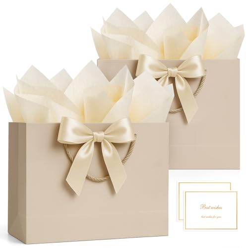 ANZNKU 2PCS Gift Bags Medium with Handles 4 Tissue Paper 2 Ribbons 2 Cards, Gift Wrap Bags for Women Wedding Bridal Baby Shower Birthday Graduation Engagement Presents Party Favors (Champagne Beige) - color: Champagne Beige