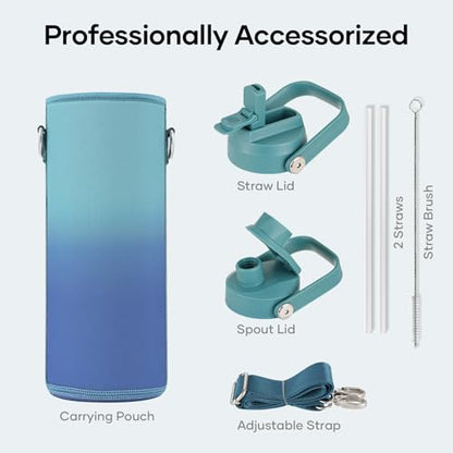 BUZIO 24 oz Insulated Water Bottle, Stainless Steel Wide Mouth Water Flask with Straw Lid, Cold for 48 Hrs Leak Proof Metal Hydro Thermo Canteen Mug, Gradient Cyan - color: Gradient Cyan, size: 24 Ounces