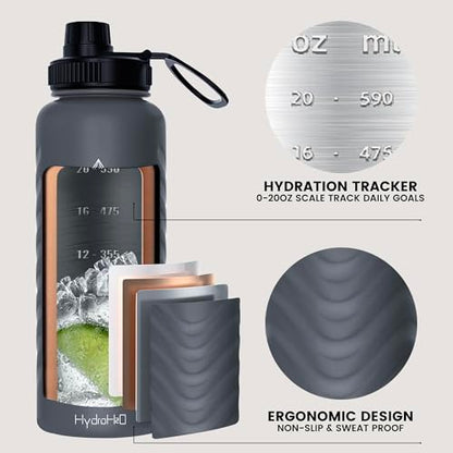 32oz Stainless Steel Insulated Water Bottle, 48H Ice Cold & 24H Hot, Leak-Proof Wide Mouth Lids (Straw & Spout), BPA-Free Bottles, Mens Water Bottle for Gym, Hiking, Travel - Grey - color: Gray, size: 32 Ounces