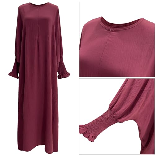 khalat Womens Muslim Prayer Dress Front Zipper Kaftan Islamic Robe Modest Solid Abayas for Women Muslim - color: Dark Red