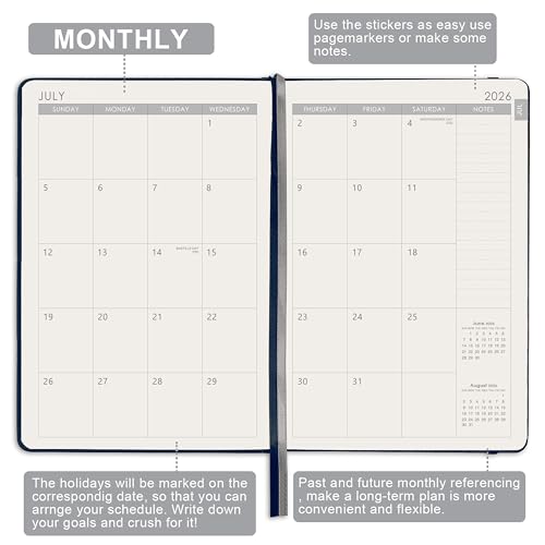 Artfan Planner 2026-2027 - Academic Planner 2026-2027, Jul. 2026 - Jun. 2027, 12-Months Weekly and Monthly, 5.75" x 8.25", Saffiano Leather with Thick Paper, Back Pocket with Notes Pages - Navy Blue - color: Sky Blue D