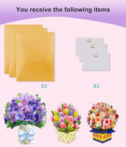 Magic Ants Pop Up Flower Bouquet Card Set – 3D Tulips, Violets & Carnations – Includes Blank Note Cards & Envelopes – for Mother's Day, Women's Birthdays, Get Well, Thank You, Sympathy - style: ‎Violets Tulips Carnations