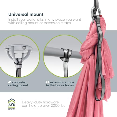 AyuHome Aerial Silks Kit for Home - Premium Yoga Swing for Adults with 660 lbs Capacity - Versatile Aerial Yoga Hammock for Gymnastics Training - color: Aerial silk - Pink New