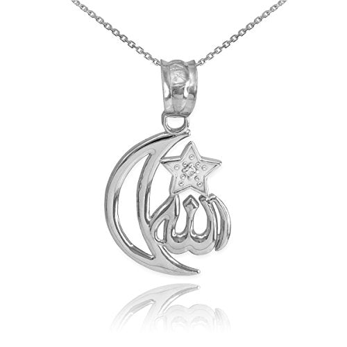 Middle Eastern Jewelry 925 Sterling Silver CZ-Accented Islamic Star and Crescent Moon Allah Pendant Necklace