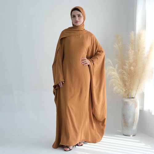 ODIZLI Abayas For Women Muslim Dubai Full Cover Kaftan Shirt Dress Batwing Sleeve Prayer Dress With Hijab - color: Brown + Hijab, size: One Size
