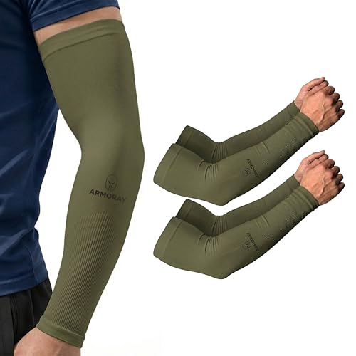 ARMORAY Arm Sleeves for Men and Women - UV Sun Protection Cooling Compression - Tattoo Cover Up Sleeve for Daily Wear & Work - color: Army Green (2 Pair)