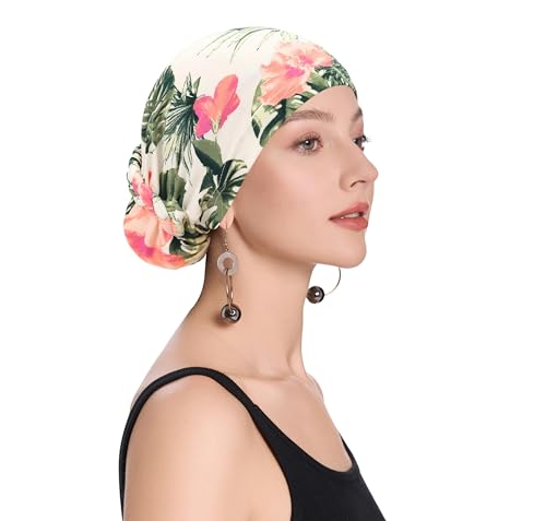 ZLYC Hijab Cap for Women Lightweight Undercap with Bun Loop Underscarf Hat - color: Leaves and Flowers