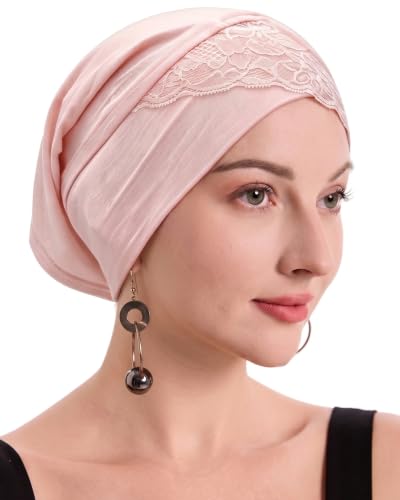 ZLYC Hijab Cap for Muslim Women Soft Stretchy Open-Back Inner Undercap - color: Lace Pink