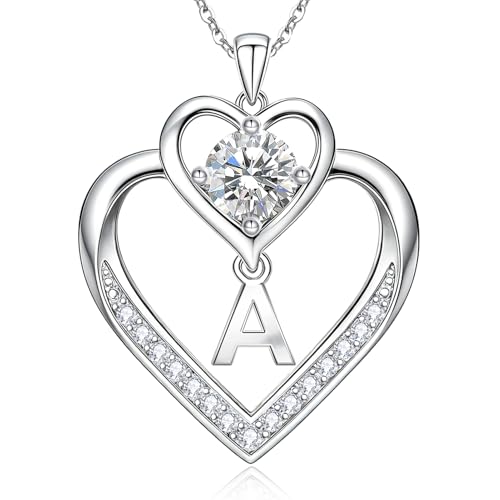 RIVIKO 1 Carat Moissanite Heart Initial Necklace for Women,Letter Pendant - color: Letter A