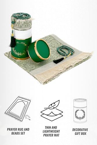 ihvan online Muslim Prayer Rug and Prayer Beads with Elegant Design Cylinder Gift Box, Janamaz, Soft Sajadah, Islamic Gifts Set, Portable Prayers Carpet Mat, Taffeta Fabric, Green - color: Green
