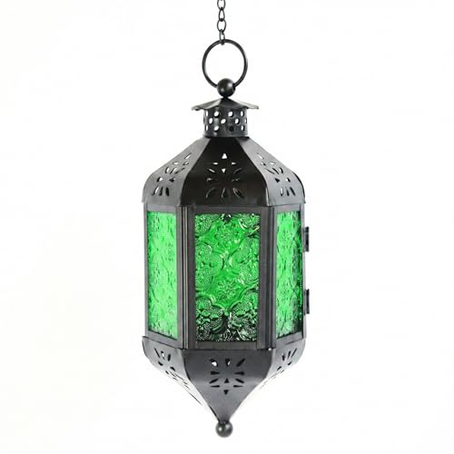 Vela Lanterns Decorative Outdoor Hanging Tea Light Candle Holder, Green, M | Indoor Patio Porch Moroccan Lamp, Metal Votive Lantern Decor, Ramadan Eid Diwali Wedding, Glass 11.5" Tall - color: Green, size: Medium