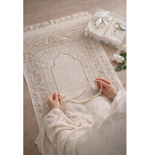SAJADAH Muslim Prayer Rug Set - 4 in One Islamic Gifts Set, Prayer Mat, Prayer Beads, Hijab, Surahs Book,Eid Gifts - color: Cream
