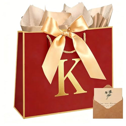 Topaliving Personalized Gift Bag with Card and Tissue Paper, 26 Letters Birthday Gift Bag 13'' Custom Valentines Weddings Present with Initials/Numbers for Women Men Kids (Red,K) - color: Red, size: K