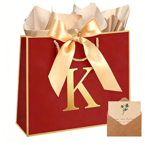Topaliving Personalized Gift Bag with Card and Tissue Paper, 26 Letters Birthday Gift Bag 13'' Custom Valentines Weddings Present with Initials/Numbers for Women Men Kids (Red,K) - color: Red, size: K