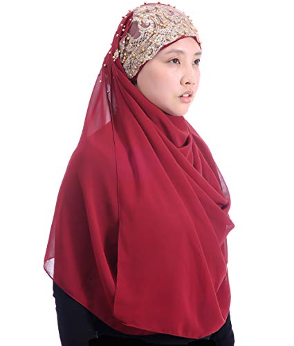 Lina & Lily Premium Chiffon Hijab Head Scarf Wrap with Gold Sequins Glitters Beads for Muslim Women - color: Dark Red