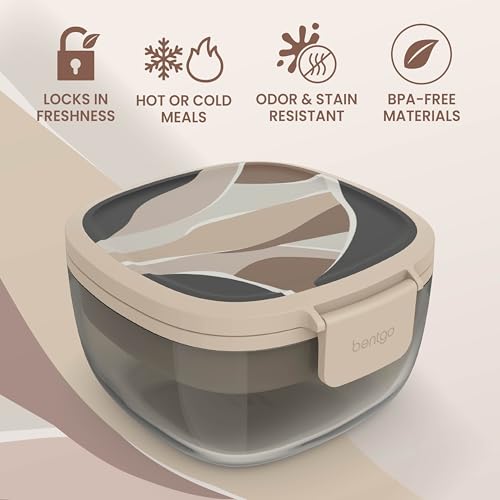 Bentgo Glass Prints Salad Container - 7.6-Cup Tinted Glass Salad Bowl with Airtight Lid, Leak-Proof Sauce Container, 4-Compartment Bento Meal Prep Tray & Reusable Fork (Inky Abstract - Neutrals) - color: Inky Abstract - Neutrals