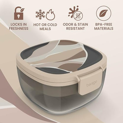 Bentgo Glass Prints Salad Container - 7.6-Cup Tinted Glass Salad Bowl with Airtight Lid, Leak-Proof Sauce Container, 4-Compartment Bento Meal Prep Tray & Reusable Fork (Inky Abstract - Neutrals) - color: Inky Abstract - Neutrals