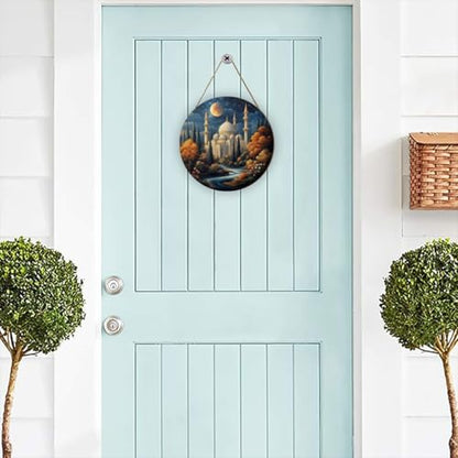 Starry Sky Mosque with Glowing Dome & Flowing River Scene Sign, Farmhouse Wood Decor, Rustic Hanging Plaque for Entryway, Living Room, Dining Room, 12x12 Inch
