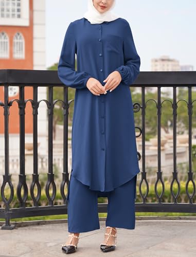 ODIZLI Women's Muslim 2 Pieces Sets Long Sleeve Button Down Shirt and Pants Abaya Casual Dress Dubai Outfits - color: Navy Blue, size: Medium