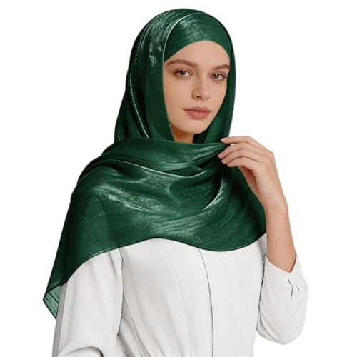 Premium Hijab Head Scarf for Women Lightweight Shimmer Hijab Head Wrap Scarves Crepe Satin Scarf Shawl Wrap - color: Dark Green