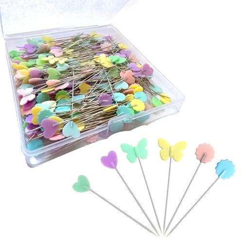 Hovesty 300pcs Sewing Pins Flat Head Straight Pins with Butterfly Heads, Long 2.16inch Quilting Pins for Dressmaker, Craft, Sewing Project and DIY Decoration (Flower+Butterfly+Button 300pcs) - color: Flower+butterfly+button 300pcs