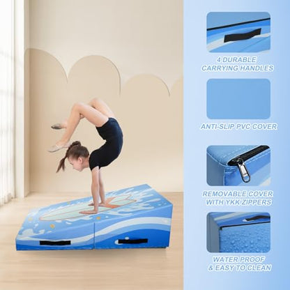Kangaroo Hoppers Gymnastics Cheese Wedge Mat for Kids Ages 1-12 | 3 Sizes Folding Incline Mat with High-Density EPE Foam and Removable PVC Leather Cover, Home Gym Training Equipment - color: Blue, size: 56" x 28" x 15"