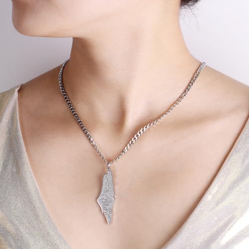 Uloveido Palestine Map Necklace – Arabic Engraved Stainless Steel Pendant, Islamic Middle Eastern Cultural Jewelry for Men and Women - color: Silver