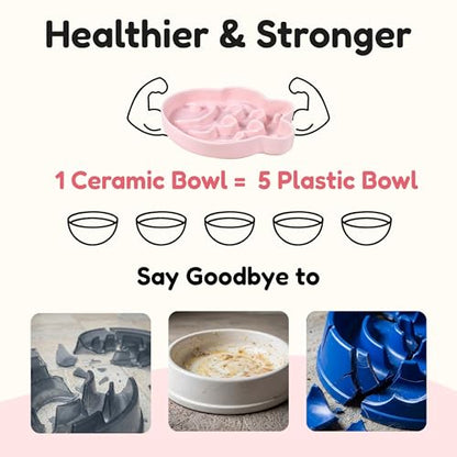 Ceramic Cat Slow Feeder Bowl - Shallow Whisker Friendly Cat Plate for Dry and Wet Food - Puzzle Feeder for Slow Eating - Helps Reduce Vomiting - Microwave & Dishwasher Safe -Non Slip(Pink, 6.3''W) - color: Pink