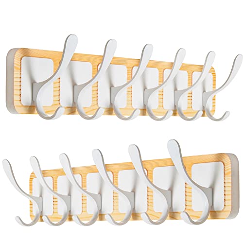 SKOLOO Coat Rack Wall Mount - Scandi-Style Wooden Carved-Block Coat Hook,Pack of 2, Wall Coat Hanger with 6 Hooks for Hanging Coats, Hats, Clothing, Scarfs, Natural & White - color: White on Natural