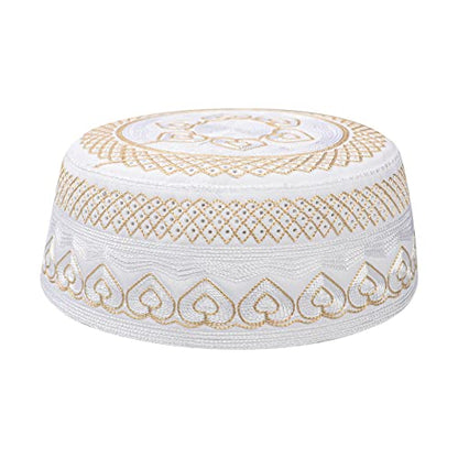 Muslim Prayer Kufi Hat for Men Boys Islamic Beanie Skull Cap Prayer Headwear Embroidery Kofia Topi Sun Hat Ramadan Eid Gift - color: Yellow, Heart Embroidery