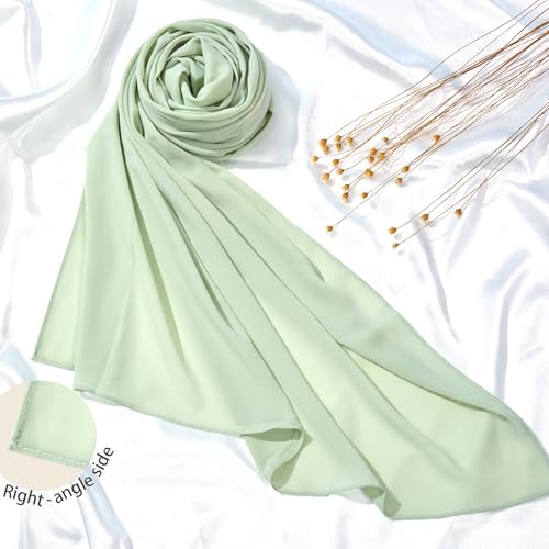 Heavy Not Easily See Through Long Chiffon Hijab Scarf for Women, Amazing Smooth Muslim Head Scarves - color: Apple Green