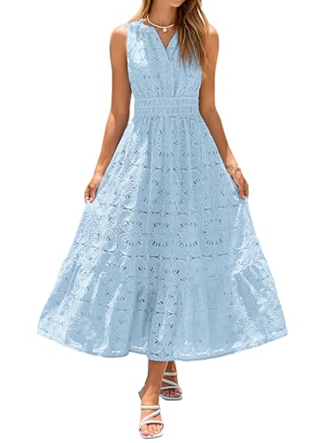 Simplee Women Summer Sleeveless Eyelet Maxi Dress 2026 Lace Casual V Neck A Line Boho Flowy Beach Wedding Guest Long Dresses - color: Blue, size: Medium