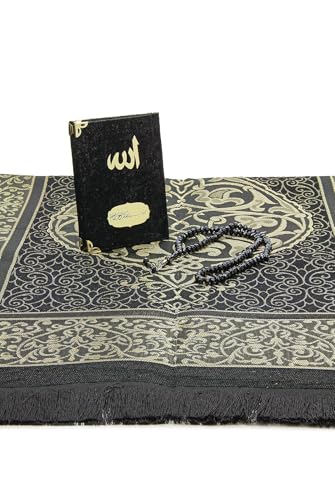 ihvan online Taffeta Muslim Prayer Rug, Velvet Covered Yaseen Surah Pocket Size Book, Prayer Beads Set with Kraft Boxed, Dowry Box for Men & Women, Islamic Ramadan Eid & Wedding Gifts, Black - Gold - color: Black - Gold