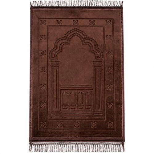 Muslim Prayer Rug Brown Soft Velvet Islamic Sajadah Prayer Mat with Tassels 31.5 x 47.2 in for Home Mosque Travel