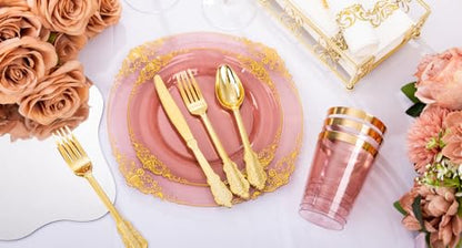 Hioasis 175pcs Burgundy and Gold Plates - Burgundy Party Plates for 25 Guest, Include 50 Heavy-duty Plates(20% Thicker Than Standard), 75 Cutlery Set, 25 Napkin, 25 Cups - color: Burgundy and Gold