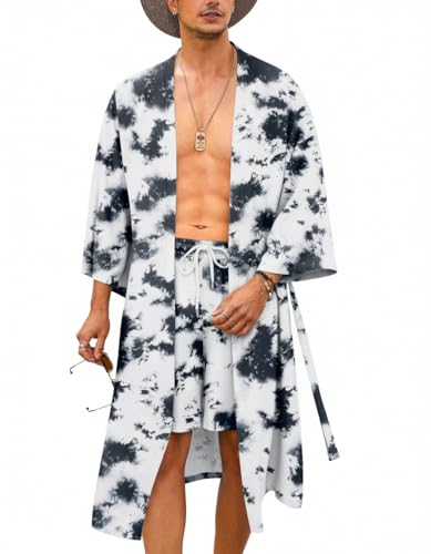 COOFANDY Men Lightweight 2 Piece Kimono Robe with Shorts Japanese Robes Casual Open Front Long Cardigan With Belt - color: White(tie Dye), size: XX-Large