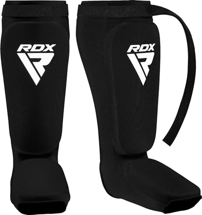 RDX Shin Guards Kickboxing Muay Thai, SATRA Approved, MMA Leg Instep Protection Pads, Sparring Training Martial Arts Boxing, Elasticated Padded Protector, Karate BJJ Taekwondo Gear, Men Women - color: Black, size: Large