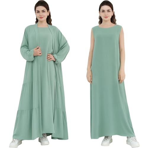 Women Muslim Abaya Dress 2PCS Soft Flowing Cardigan Dress Set Islamic Dubai Modest Kaftan Prayer Robe - color: Light Green, size: Small