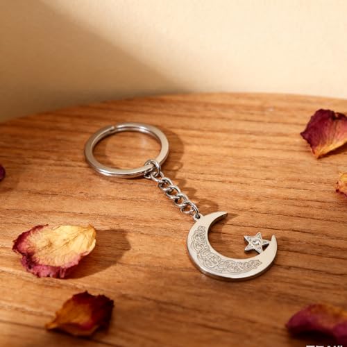 Islamic Ayatul Kursi Keychain Muslim Crescent Moon and Star Keyring Arabic Calligraphy Keyring Allah Amulet Jewelry - color: Silver