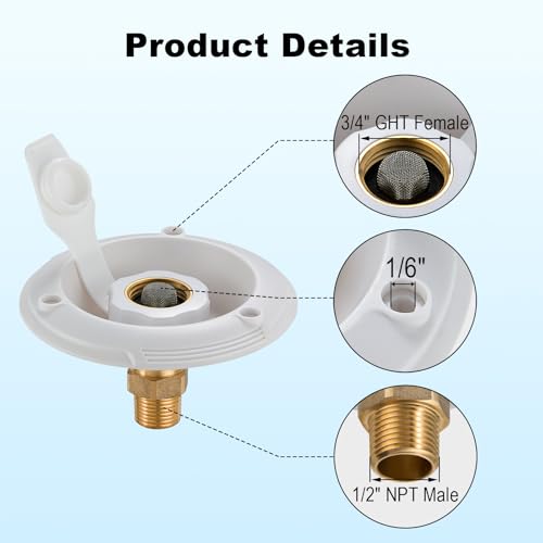 TOPSHINE RV City Water Inlet with Check Valve, RV Water Inlet Connection, RV Water Fill Inlet Flange with 3/4" GHT Female to 1/2" NPT Male, Fits for Camper, Trailer, Marine, RVs and Boats, Large - color: White, size: 4.7”