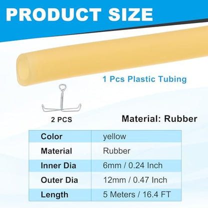 PATIKIL Rubber Tubing, 6mmx12mmx5m Tubing Tube with Hose Clamps, Soft Hose Line Pipe for Multipurpose Industrial Aquarium, Yellow - size: 6mmx12mmx5m