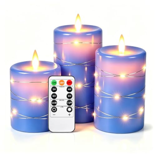 Da by 3 Pack Blue Real Wax Flameless Taper Candles, Lifelike Flickering LED Flame Candles with Surrounding Fairy String Lights, Soft Warm Battery Candles with Remote for Home Wedding Holiday Decor - color: Blue#3*1