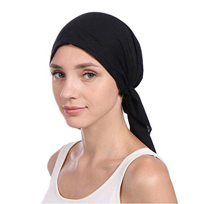 Instant Hijab Solid Beaded Long Tail Turban Wrap Cap Soft Stretchy Breathable Muslim Hair Baseball Hat - color: 01#_black