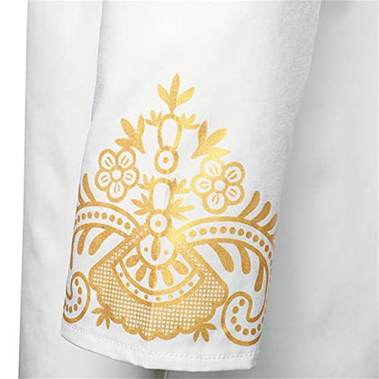 Kurta for Men Muslim Kaftan Button Up Henley Shirts Casual Ethnic Printed Long Sleeve Thobe Caftans Robes - color: White, size: Large