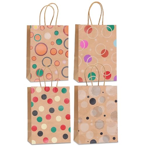 piqiya 24pcs Vintage Polka Dot Gift Bags with Handles,Colorful Dots, Circles, Spots Pattern Kraft Paper Bags for Clown Joker Party,Birthday Gift Wrap,Goody Treat Bags - color: dots mix