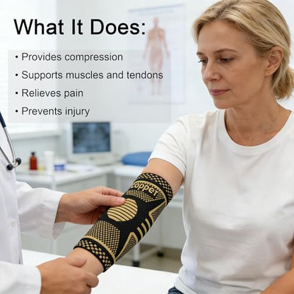 Copper Elbow Compression Sleeve, Tennis Elbow Brace for Men and Women, 4-Way Stretch, Pain Relief, Recovery, Arthritis, Tendonitis, Bursitis (Black-Copper, Medium) - size: Medium