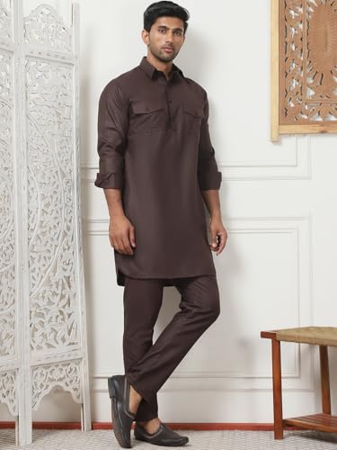 Maple Clothing Punjabi Kurta Pajama Set Pathani Mens Cotton Indian Clothes Bollywood Outfit - color: Coffee, size: X-Large