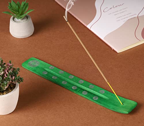 Bless-International Traditional-Handmade-Burner Wooden-Incense-Stick-Holder Ash-Catcher-Stand for-Aromatherapy-Meditation-Yoga (Earth Green) 10 Inches, Pack of 1 - color: Earth Green,10 Inch, size: One Holder