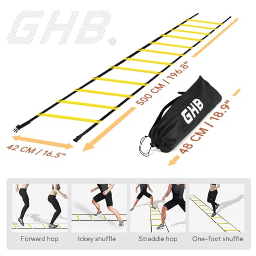 GHB Pro Agility Ladder 2 Pack Agility Training Ladder Speed 12 Rung 20ft with Carrying Bag (Yellow and Orange)