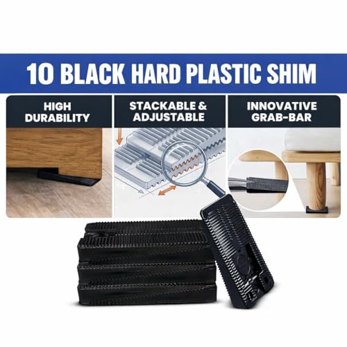 Wobble Wedge Rigid Heavy Duty Leveling Plastic Shims, Black, 10-Pack | Made in USA Rigid Shims with Tough, Durable, Interlocking Non-slip Grip Design; Multipurpose Leveling for Varied Projects - size: 10